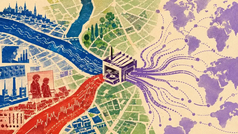 A rough French silkscreen map turns Lyon’s two rivers into musical paths that meet at a small independent record workshop and travel outward across the world.