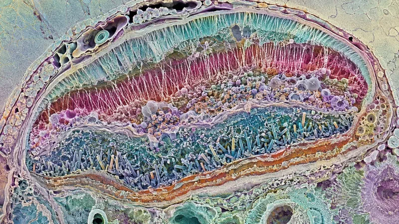 A false-color microscopic specimen reveals crystalline bass sediment, vocal grains, rhythmic fibers and cloudlike harmonic tissue inside one translucent organism.