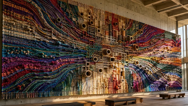 A monumental handwoven tapestry carries many distinct colored threads through a dense central architecture before they emerge as individual but newly coherent patterns.