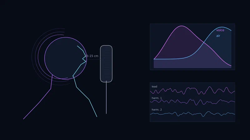 A simplified spectrum separates harmonic voice energy from aspiration noise and relates it to close-miking, layering and perceived vulnerability.