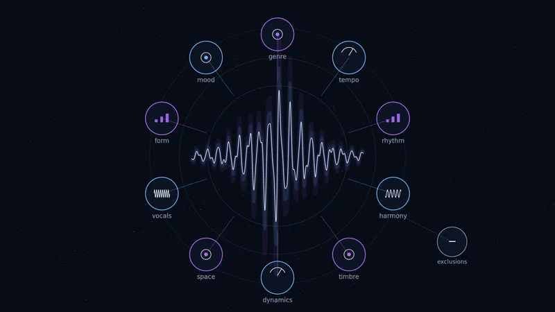 A diagram separates the prompt into history, rhythm, harmony, timbre, dynamics, space, form and affect.