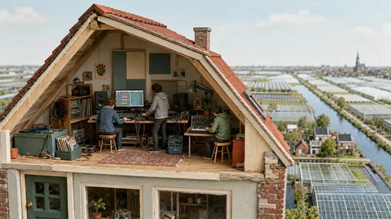 A handcrafted cutaway shows three collaborators making electronic music in an attic above Aalsmeer’s canals and greenhouses.