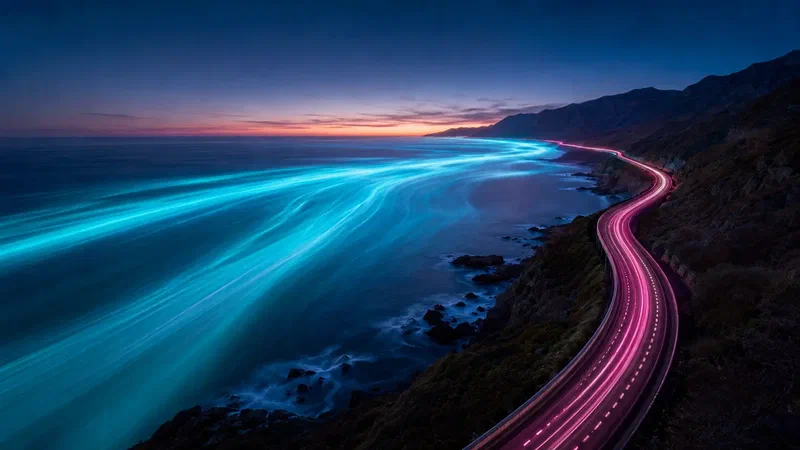 Turquoise ambient current and magenta trance pulse travel beside one another along a coast at blue hour.