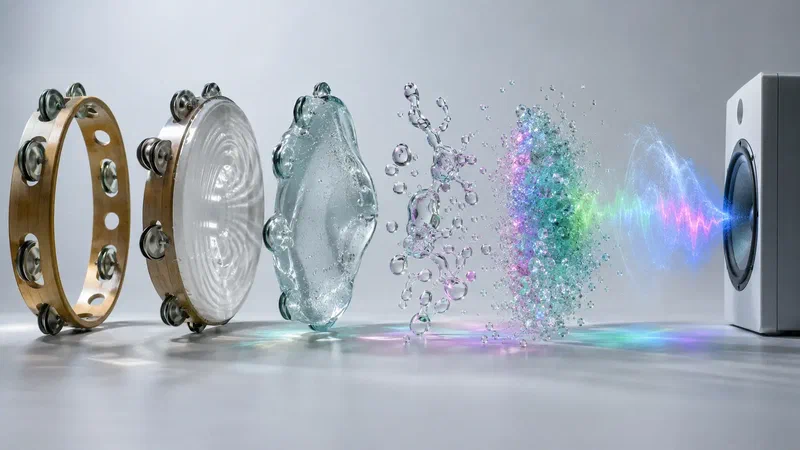A wooden tambourine passes through membrane, glass, liquid, crystal and luminous waveform states before reaching a speaker.