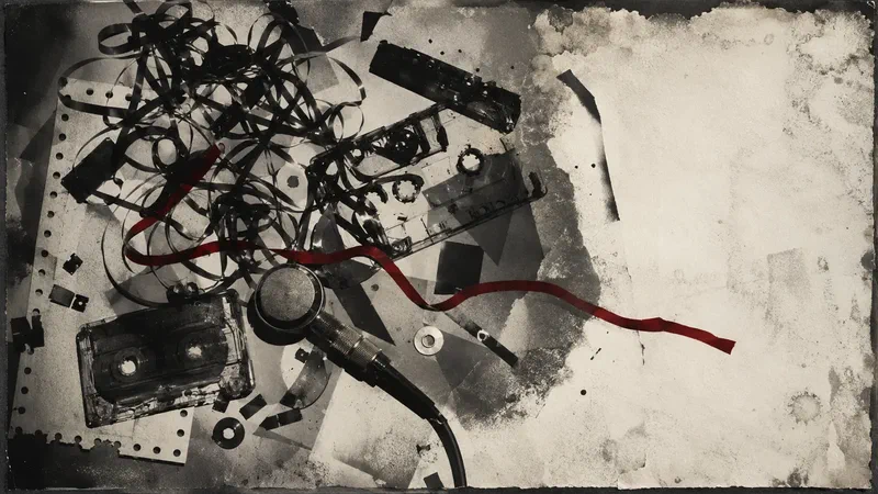 Cassette tape, broken shells and a contact microphone form a distressed darkroom photogram.
